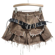 Belted Frayed Edge Pleated Skirt Y2K