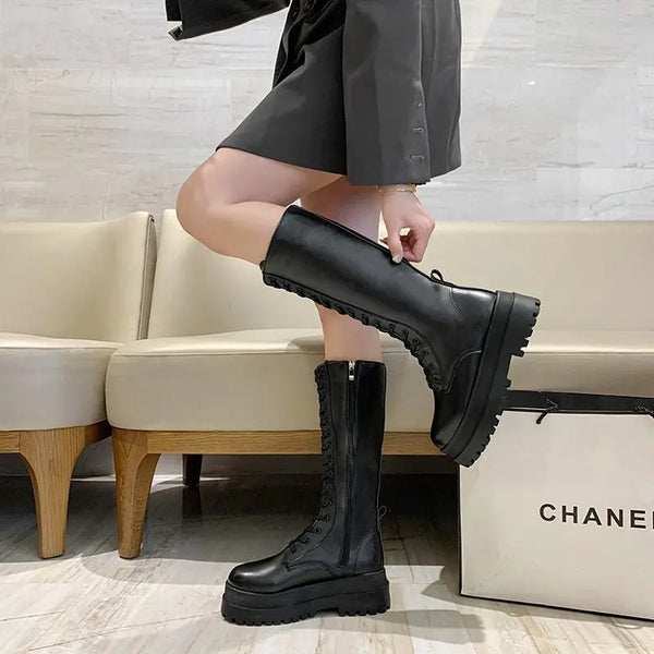 Black Knee High Lace Up Boots