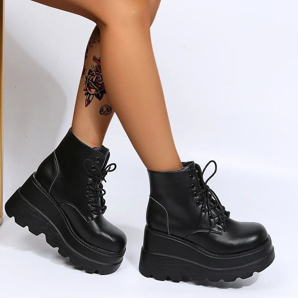 Black Lace Up High Heel Ankle Boots