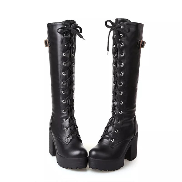 Black Lace Up Knee High Boots