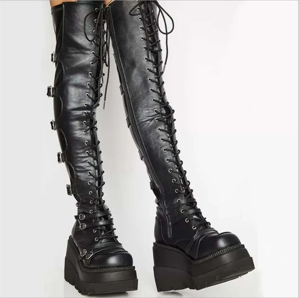 Black Leather Lace Up Thigh High Boots