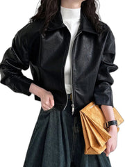 Black Short PU Leather Jacket Women
