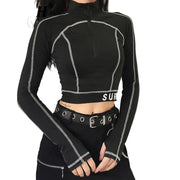 Schwarzes Rollkragen-Crop-Top mit langen Ärmeln