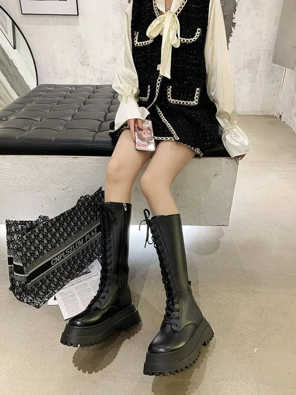 Black Wedge Lace Up Boots
