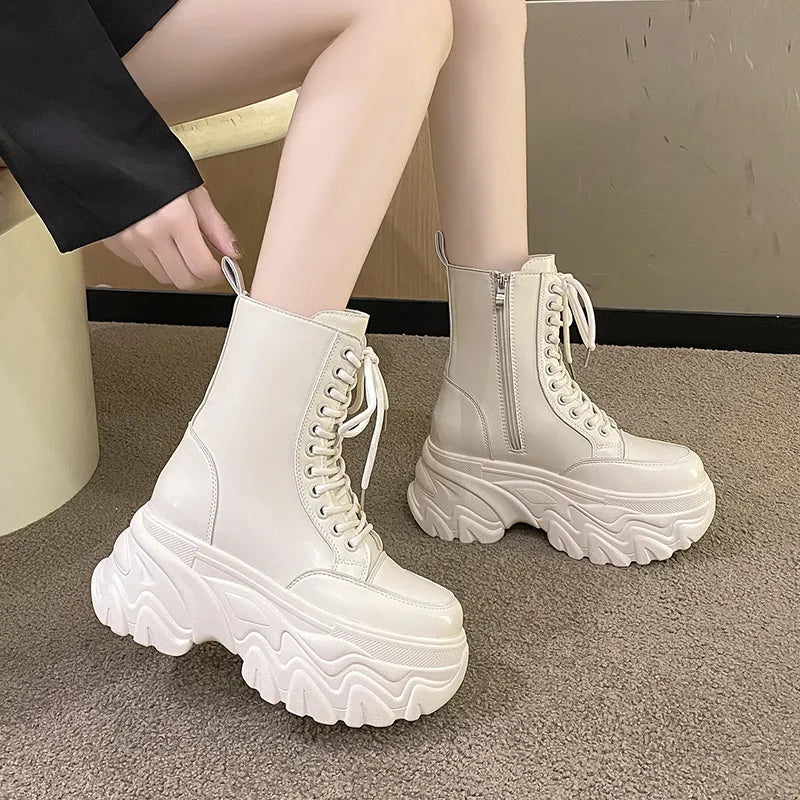 White Edgy Chunky Heeled Platform Boots