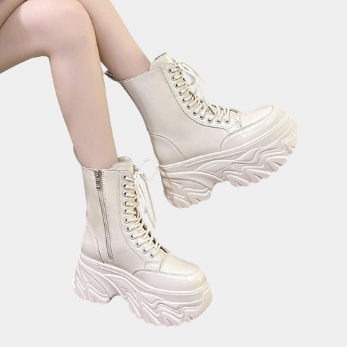 Chunky Heel Platform Boots White