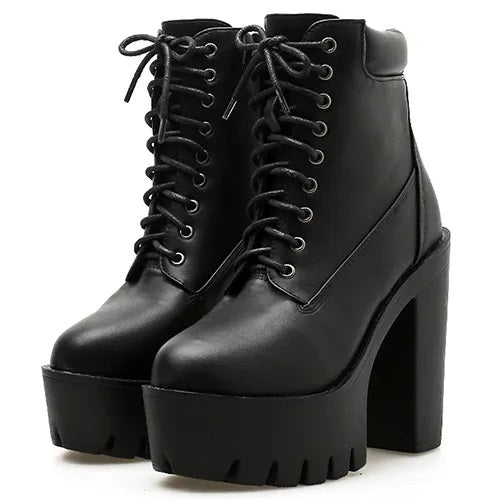 Stylish Black Boots Lace Up Print Genuine Leather Chunky Boots RT1068
