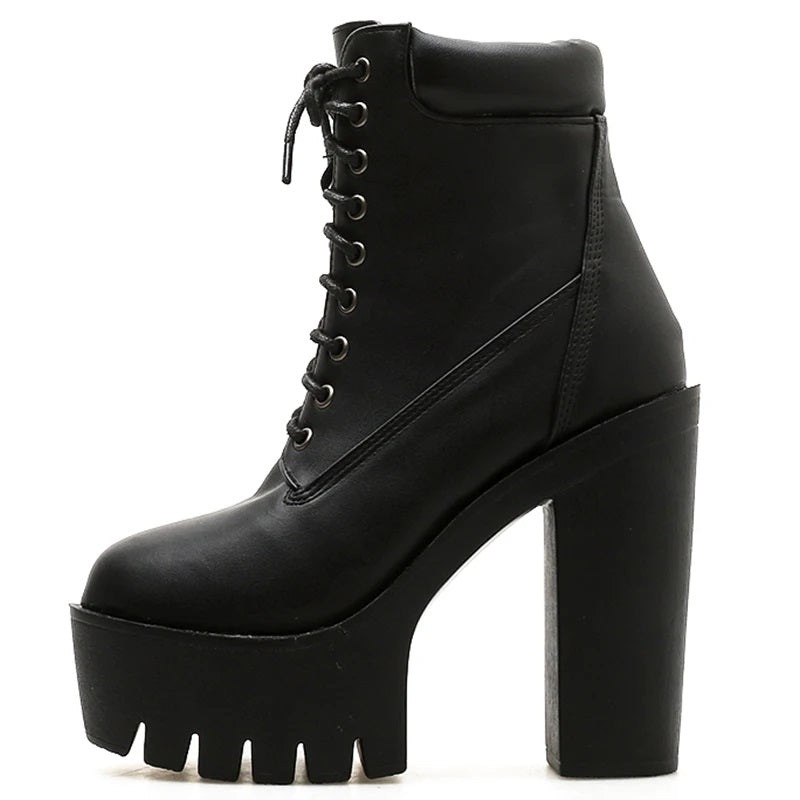 Stylish Black Boots Lace Up Print Genuine Leather Chunky Boots RT1068 main image 1