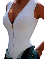 Front Zipper White Bodysuit