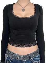 Crop Top Noir à Manches Longues
