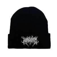 Black beanie with white embroidered logo on a white background