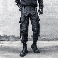 Black paratrooper cargo pants with webbing buckles