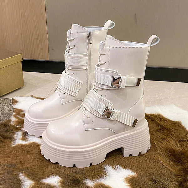 White Platform Boots With Buckles
