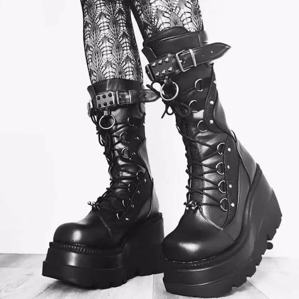Womens Black Lace Up Mid Calf Boots