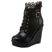 Women's Black Lace Up Wedge Boots
