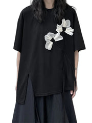 Women's Black T-shirt White Flower Ruffles