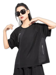 Women's Black Zipper T-shirt with Round Neck