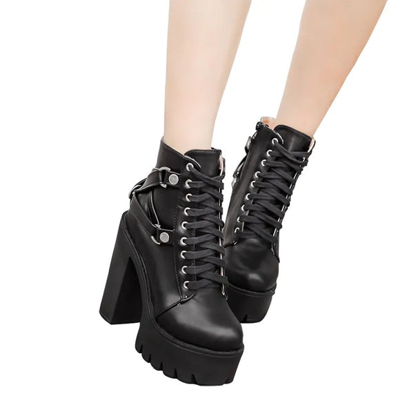 Womens Lace Up Black Leather Boots