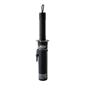 Mini katana umbrella closed in its black sheath with clip, black braided cord on the handle