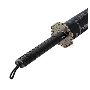 Katana handle of the mini umbrella with metal guard and black braided wrist cord