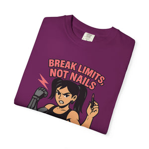 Folded purple t-shirt with graphic design and text 'Break Limits, Not Nails' on a white background