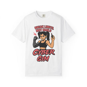 White t-shirt with a graphic of a woman lifting weights and text 'Break Limits Not Nails Cyber Gym' on a white background.