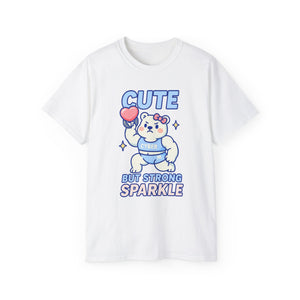 White t-shirt with a cartoon bear design and text on a white background