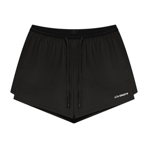 Black 2-in-1 running shorts laid flat, front view with drawstring, inner layer and CYBER logo