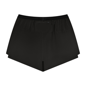 Back of the Black 2-in-1 running shorts laid flat, small zip pocket on the back of the waistband