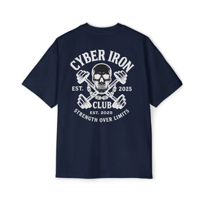 Navy blue t-shirt with white graphic design on a white background