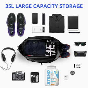 Black 35 litre duffel bag with grab handles and a detachable shoulder strap