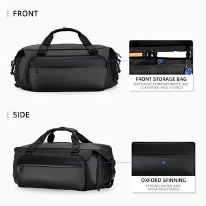 Black 35 litre duffel bag with grab handles and a detachable shoulder strap