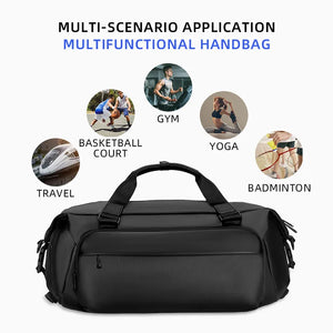 Black 35 litre duffel bag with grab handles and a detachable shoulder strap
