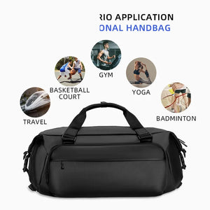 Black 35 litre duffel bag with grab handles and a detachable shoulder strap