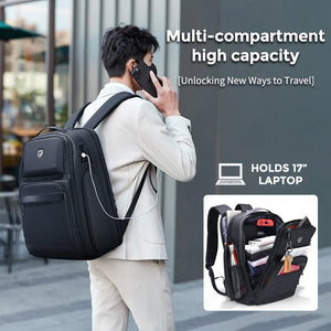 Black 36 litre business backpack with multiple compartments and a luggage strap