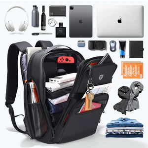 Black 36 litre business backpack with multiple compartments and a luggage strap