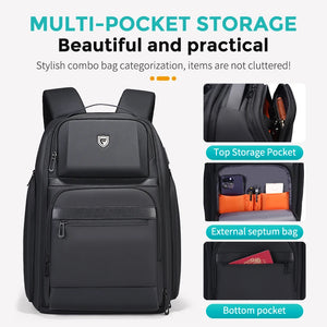 Black 36 litre business backpack with multiple compartments and a luggage strap