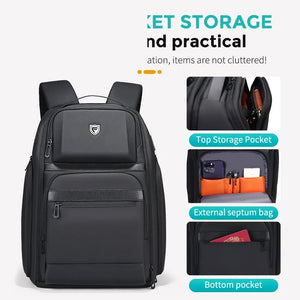 Black 36 litre business backpack with multiple compartments and a luggage strap