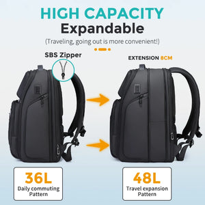 Black 36 litre business backpack with multiple compartments and a luggage strap