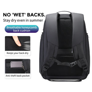 Black 36 litre business backpack with multiple compartments and a luggage strap