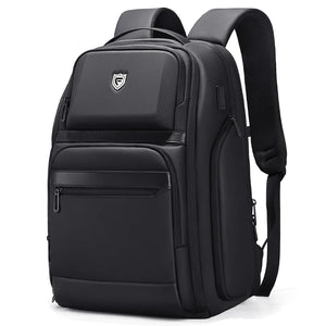 Black 36 litre business backpack with multiple compartments and a luggage strap
