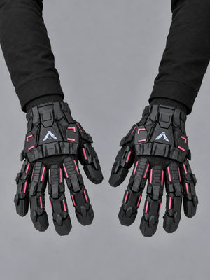 3D Printing Techwear Gloves worn by a person, close-up on both hands, front view on a grey studio background