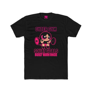 Black t-shirt with pink graphic and text on a white background