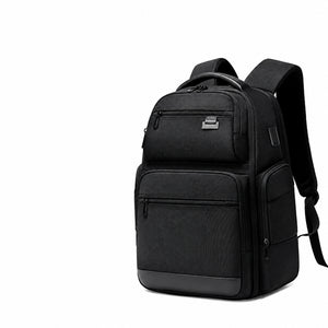 43L Laptop Techwear Backpack in black with callouts and an inset of the orange-lined opened interior