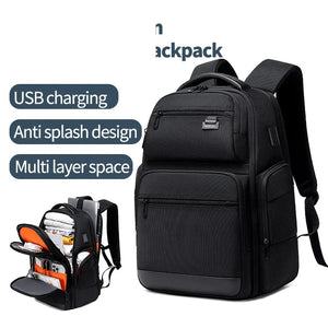 Large black 43 litre backpack with a laptop compartment and a padded back