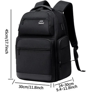 Large black 43 litre backpack with a laptop compartment and a padded back