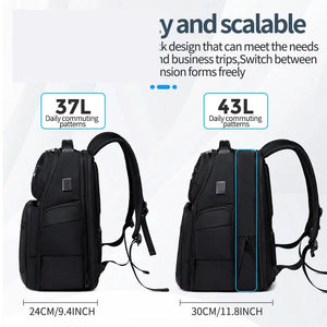 Large black 43 litre backpack with a laptop compartment and a padded back