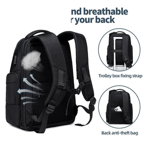Large black 43 litre backpack with a laptop compartment and a padded back
