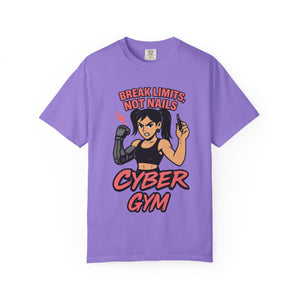 Purple t-shirt with graphic design and text 'Break Limits Not Nails Cyber Gym' on a white background
