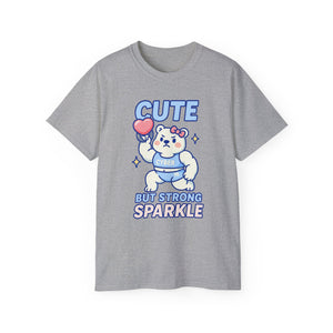Gray t-shirt with a cartoon bear and text on a white background